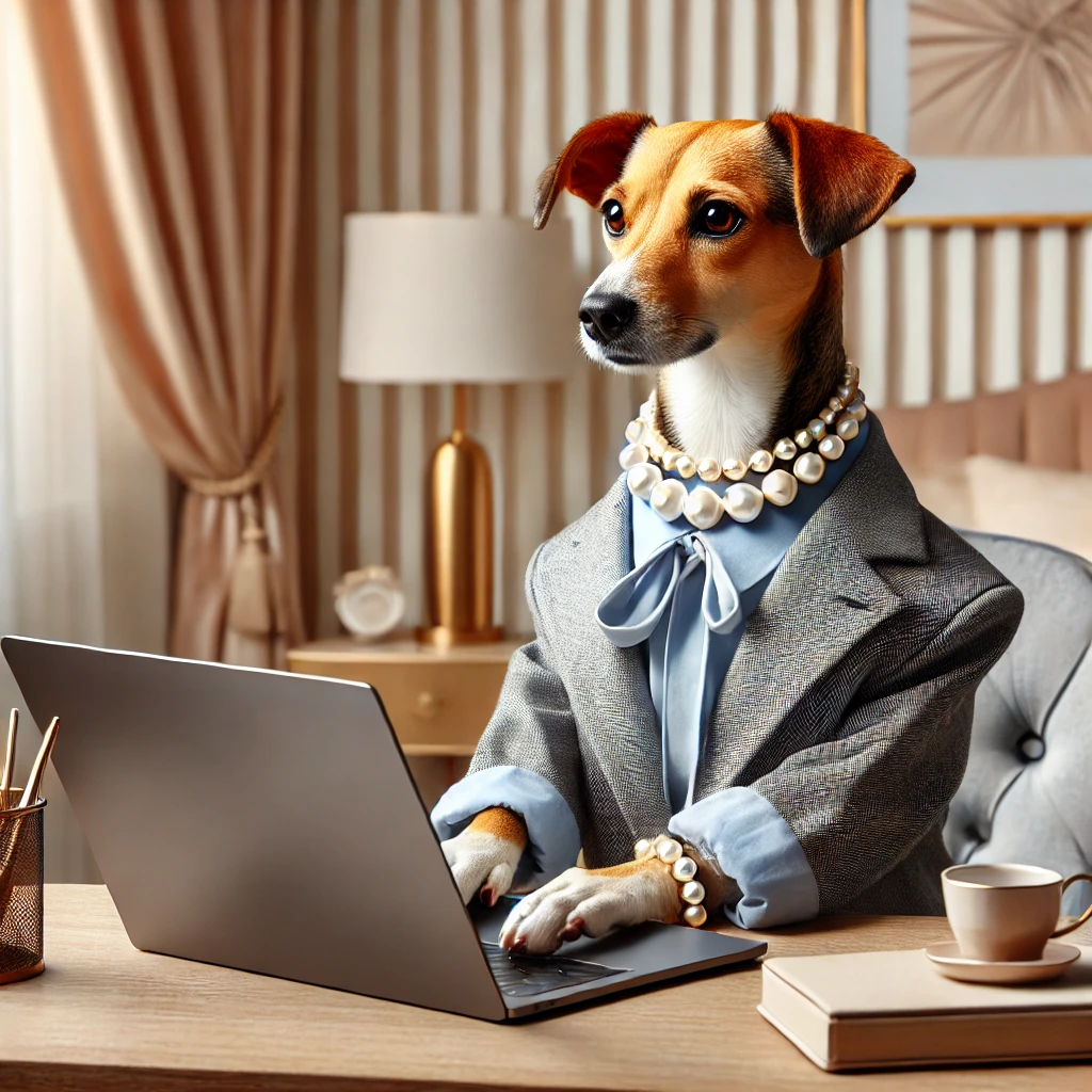 This image has an empty alt attribute; its file name is DALLE-2024-11-07-14.25.47-A-stylish-and-elegant-dog-seated-at-a-modern-desk-typing-on-a-sleek-laptop-symbolizing-writing-an-email.-The-dog-wears-a-subtle-yet-classy-outfit-s.webp